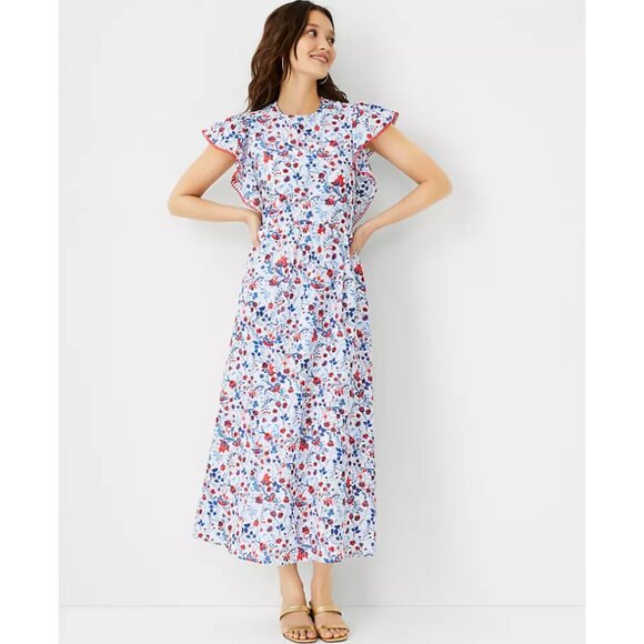 Ann Taylor Dresses & Skirts - Ann Taylor Floral Ruffle Sleeve Maxi Dress Cherry Glow Red Size Small $179